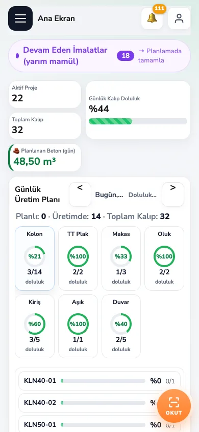 Telefonda Prefabrik Takip ana ekranı