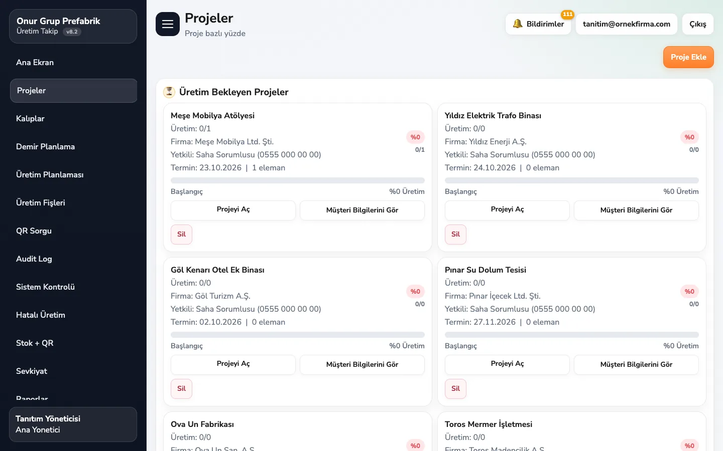 Prefabrik Takip projeler ekranı