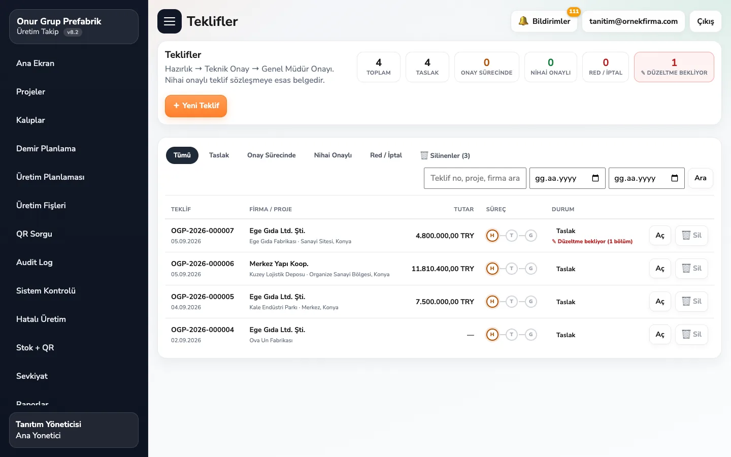 Prefabrik Takip teklifler ekranı